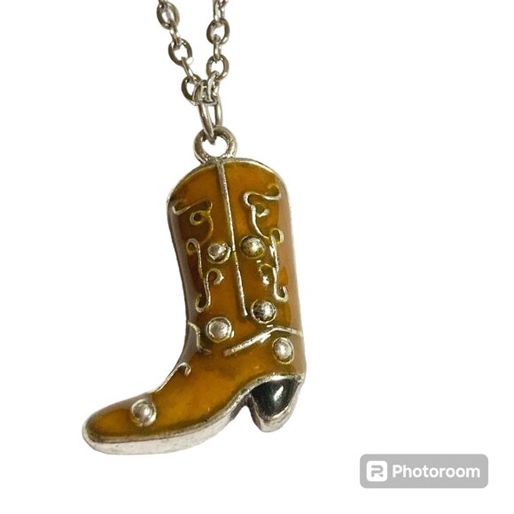 Cowboy Boot Necklace Cowgirl Brown Enamel Country Western Stainless Steel 20" - Picture 1 of 9